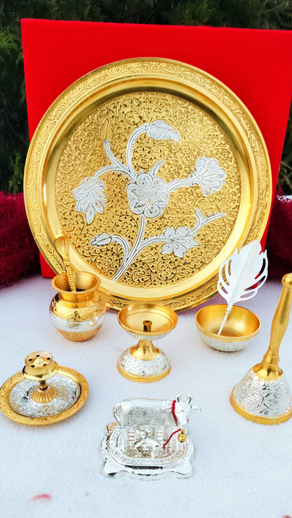 German Silver Gold Plated Pooja Thali Set with Cow Calf And Tilak Stick