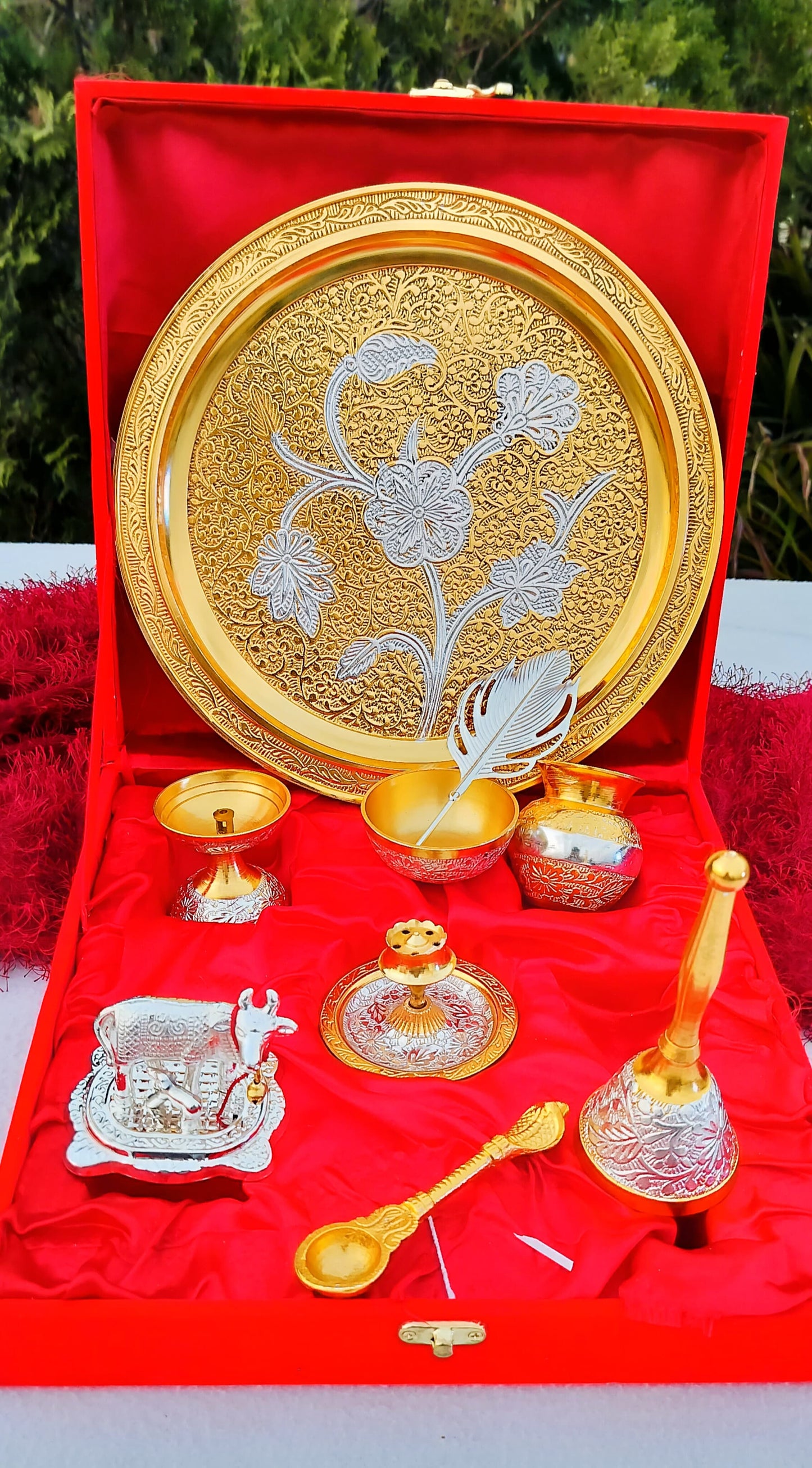 German Silver Gold Plated Pooja Thali Set with Cow Calf And Tilak Stick