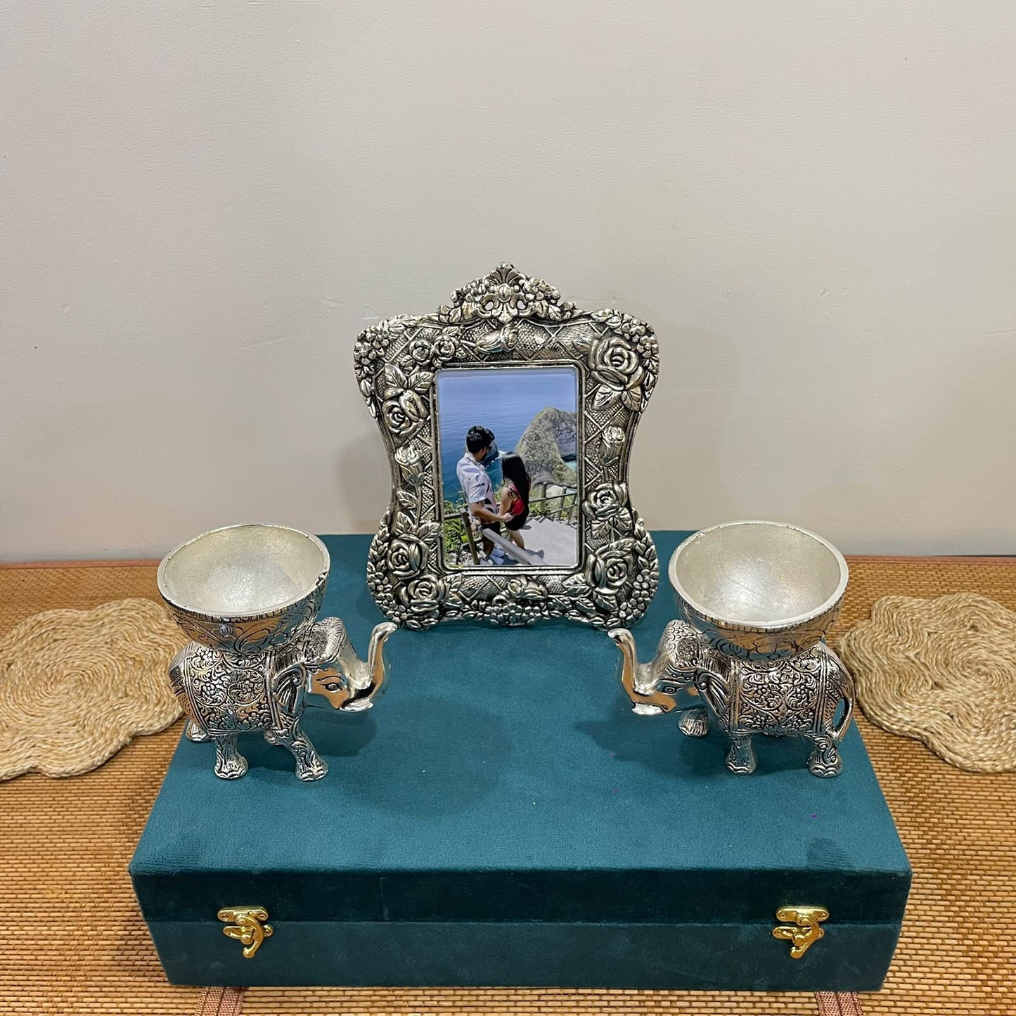 Silver Plated Elephant Bowl And photo Frame Gift Set