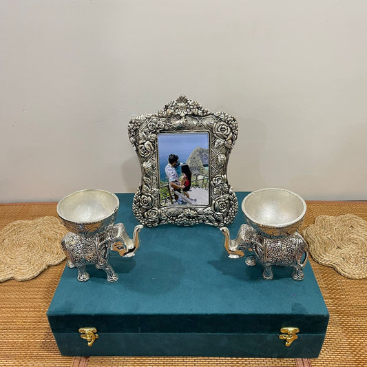 Silver Plated Elephant Bowl And photo Frame Gift Set
