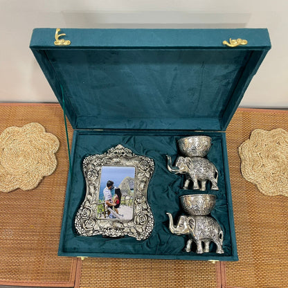 Silver Plated Elephant Bowl And photo Frame Gift Set