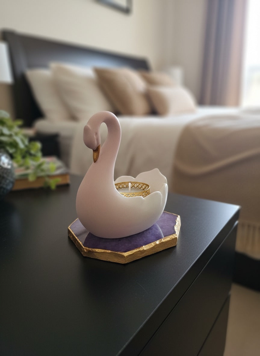 Swan-Shaped Tealight Holder On Base Gemstone Agate