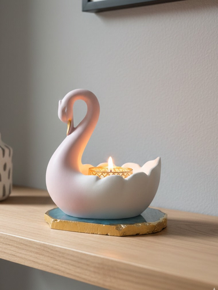 Swan-Shaped Tealight Holder On Base Gemstone Agate