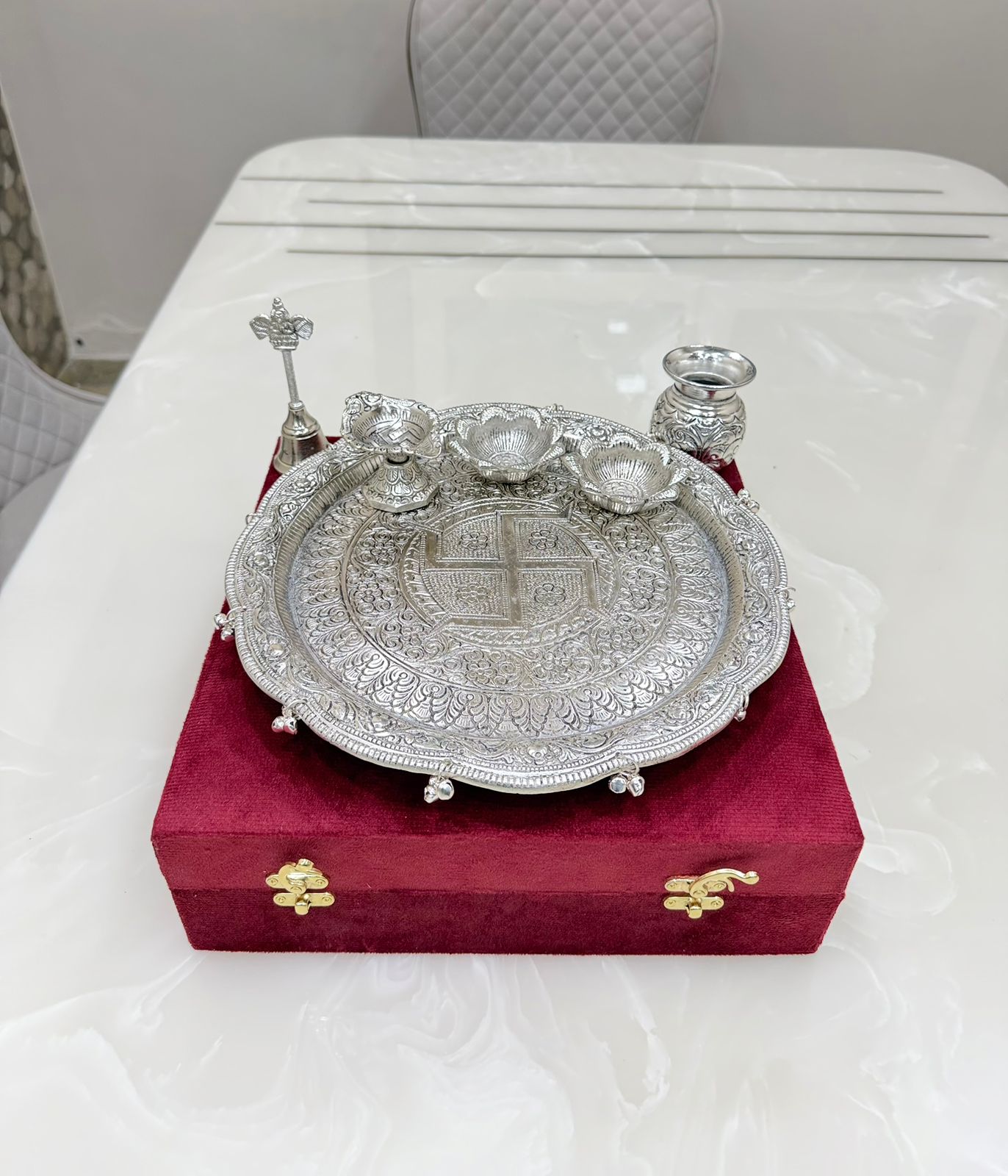 German Silver Hand Engraved Puja Thali
With premium Velvet Box packing