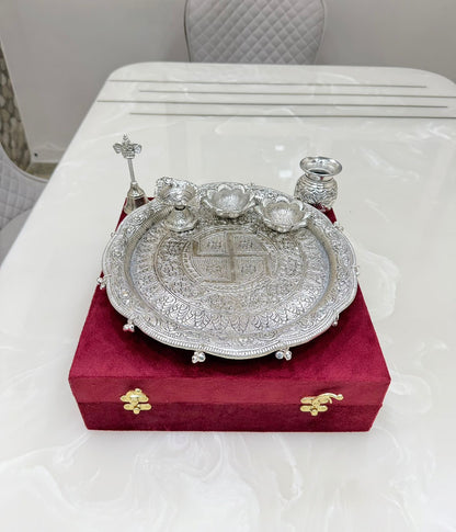 German Silver Hand Engraved Puja Thali
With premium Velvet Box packing