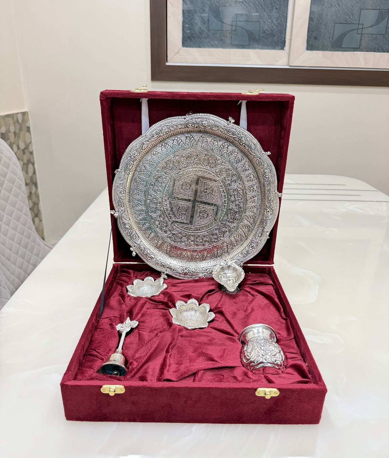 German Silver Hand Engraved Puja Thali
With premium Velvet Box packing