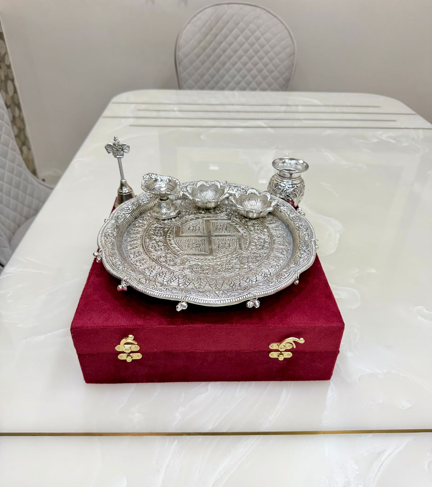 German Silver Hand Engraved Puja Thali
With premium Velvet Box packing
