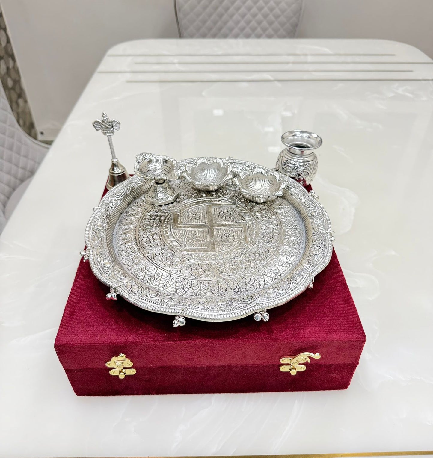 German Silver Hand Engraved Puja Thali
With premium Velvet Box packing