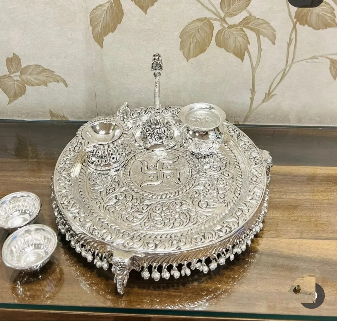 German Silver Hand-Engraved Elephant Swastik Full Ghungru Layer Puja Thali Set