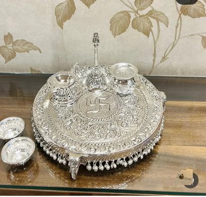 German Silver Hand-Engraved Elephant Swastik Full Ghungru Layer Puja Thali Set