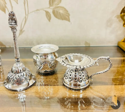 German Silver Hand-Engraved Elephant Swastik Full Ghungru Layer Puja Thali Set