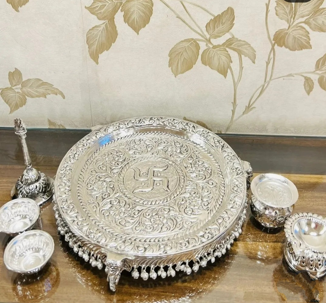 German Silver Hand-Engraved Elephant Swastik Full Ghungru Layer Puja Thali Set