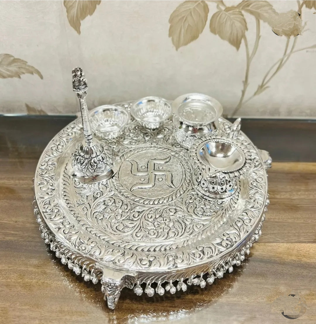 German Silver Hand-Engraved Elephant Swastik Full Ghungru Layer Puja Thali Set