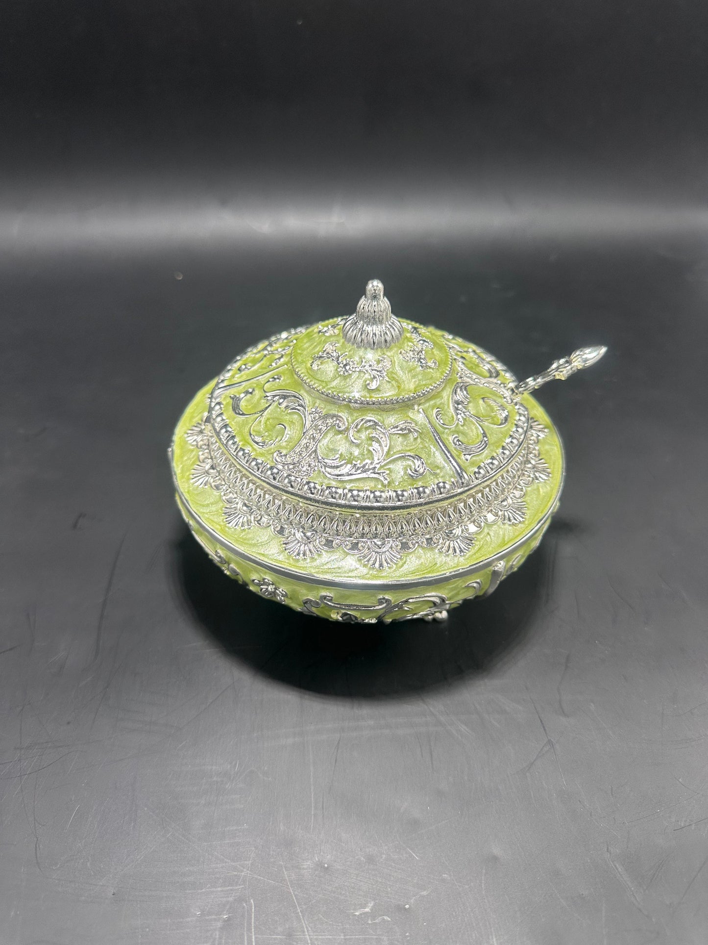 Premium German Silver Enamel Sugar Pot with Lid & Spoon