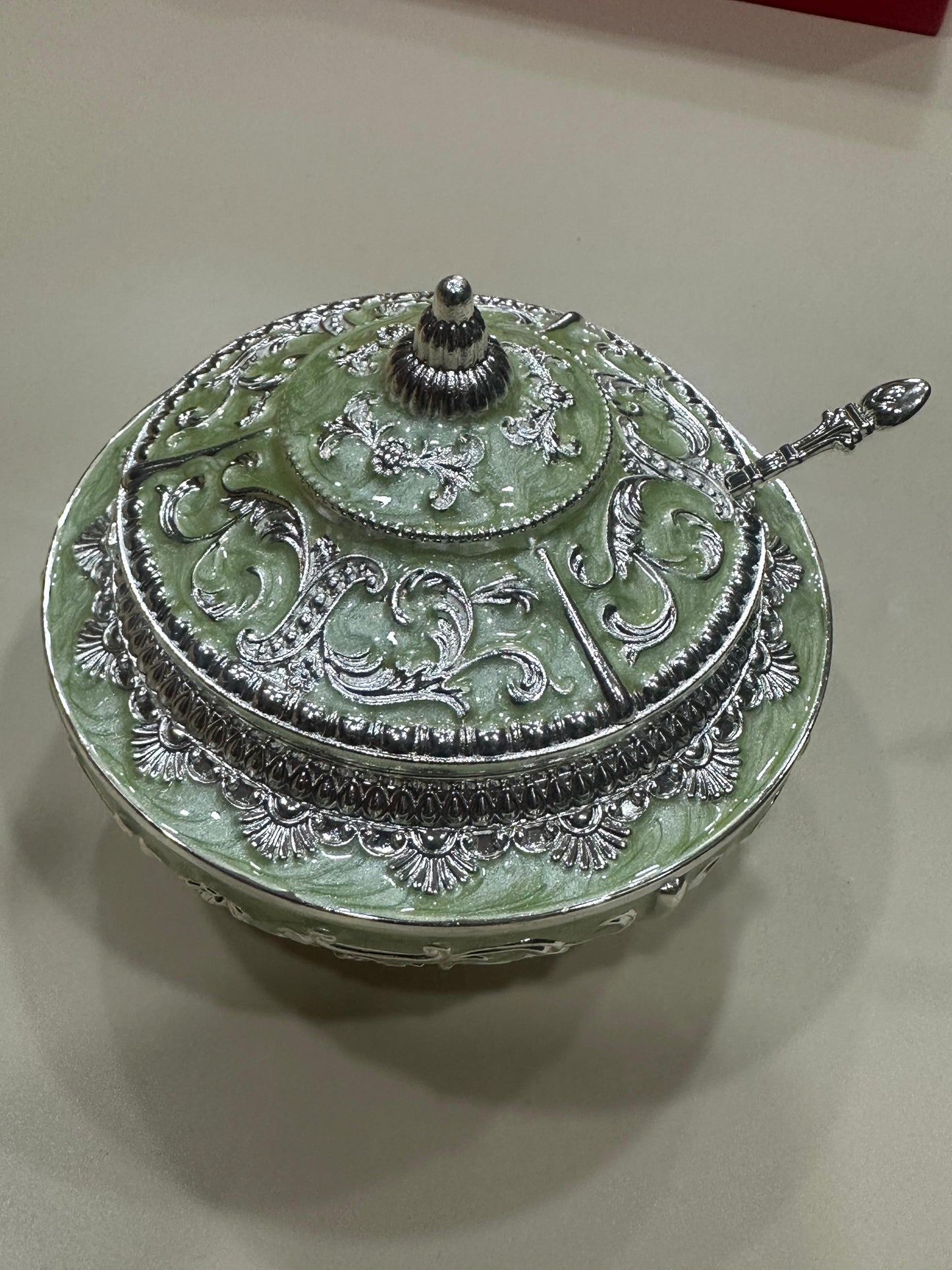Premium German Silver Enamel Sugar Pot with Lid & Spoon