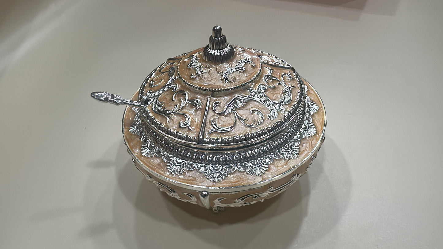 Premium German Silver Enamel Sugar Pot with Lid & Spoon