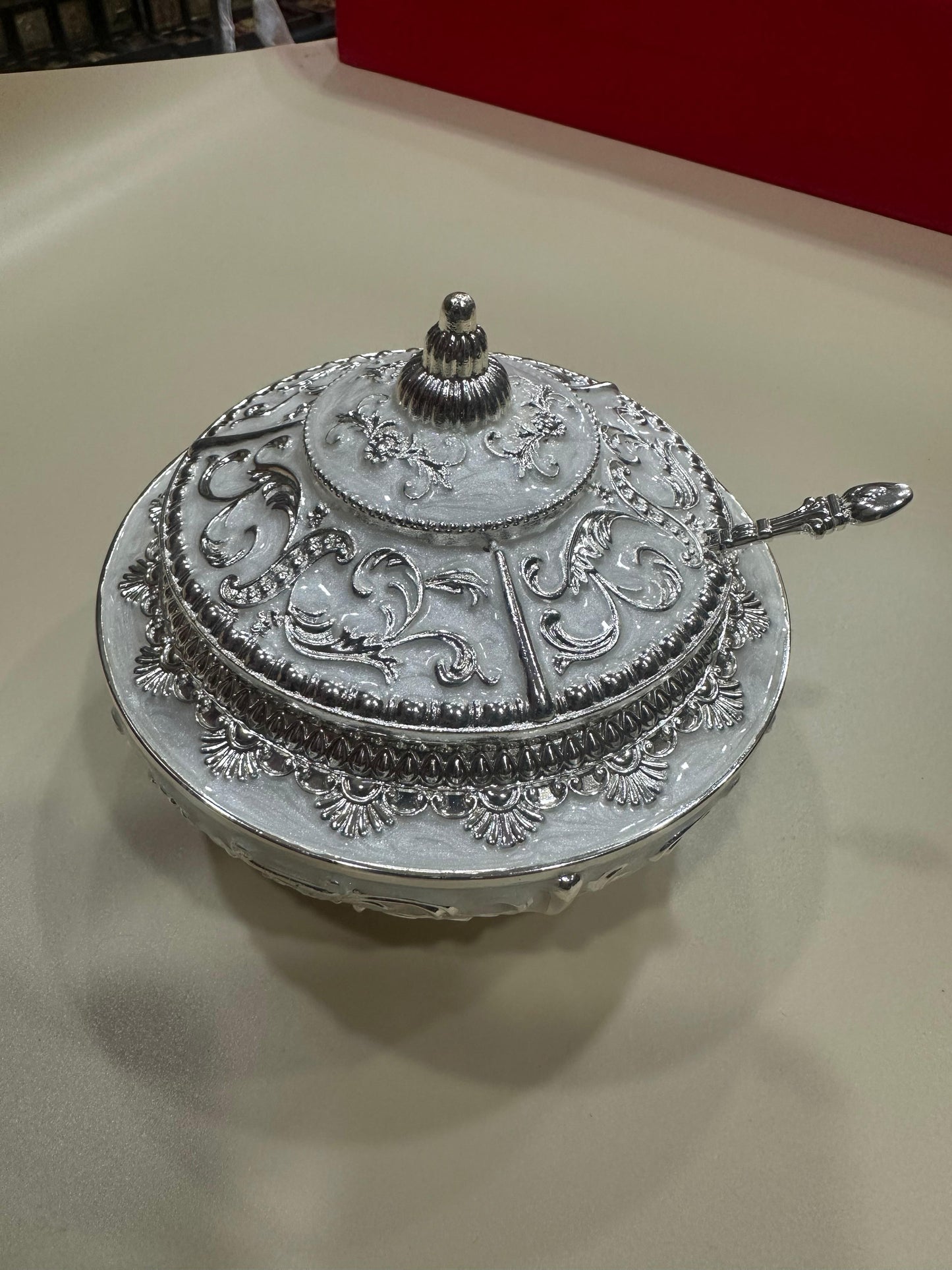 Premium German Silver Enamel Sugar Pot with Lid & Spoon