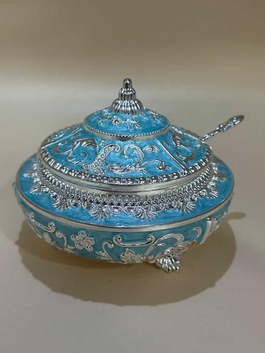 Premium German Silver Enamel Sugar Pot with Lid & Spoon