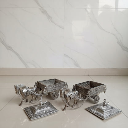German Silver Horse Chariot / Cart with Rectangle Container Box