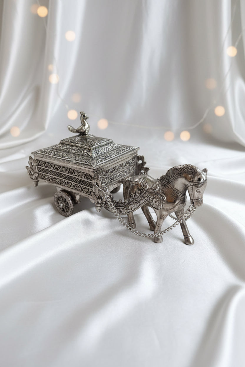 German Silver Horse Chariot / Cart with Rectangle Container Box