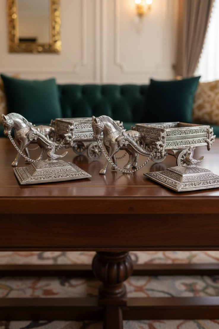 German Silver Horse Chariot / Cart with Rectangle Container Box