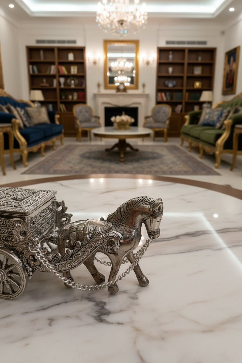 German Silver Horse Chariot / Cart with Rectangle Container Box