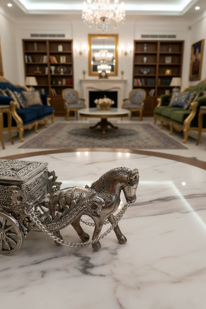 German Silver Horse Chariot / Cart with Rectangle Container Box
