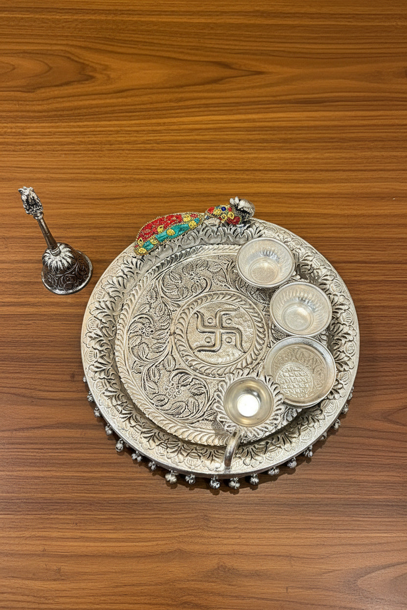 German Silver Peacock Hand-Engraved Swastik Puja Thali Set