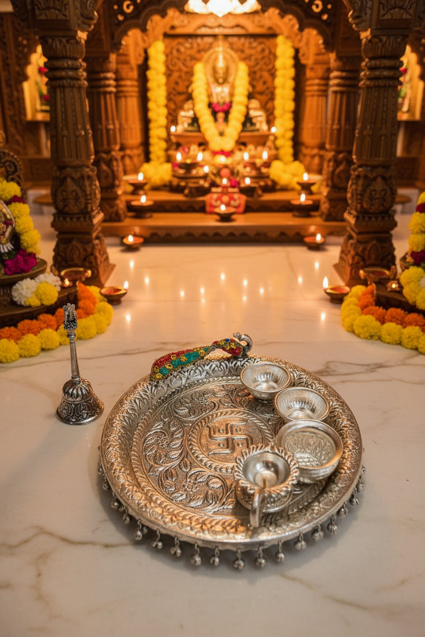 German Silver Peacock Hand-Engraved Swastik Puja Thali Set