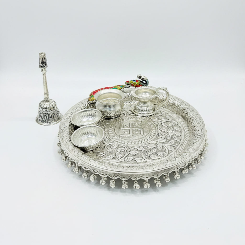 German Silver Peacock Hand-Engraved Swastik Puja Thali Set