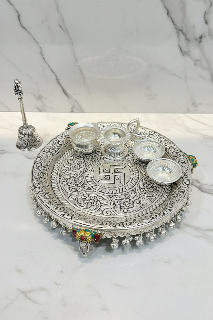 German Silver Elephant Hand-Engraved Swastik Puja Thali Set