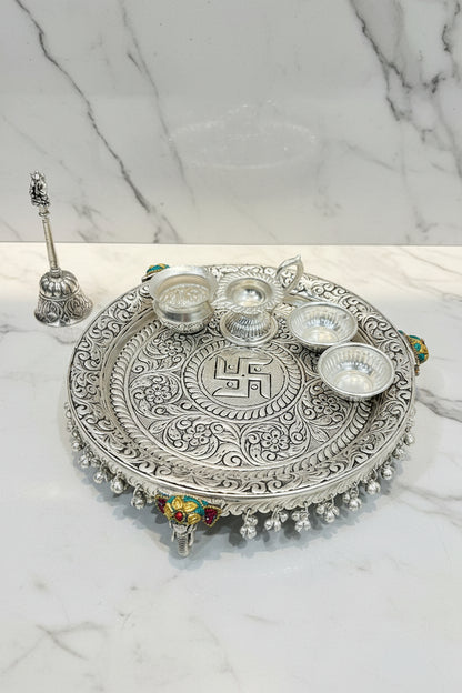 German Silver Elephant Hand-Engraved Swastik Puja Thali Set
