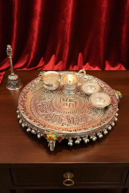 German Silver Elephant Hand-Engraved Swastik Puja Thali Set