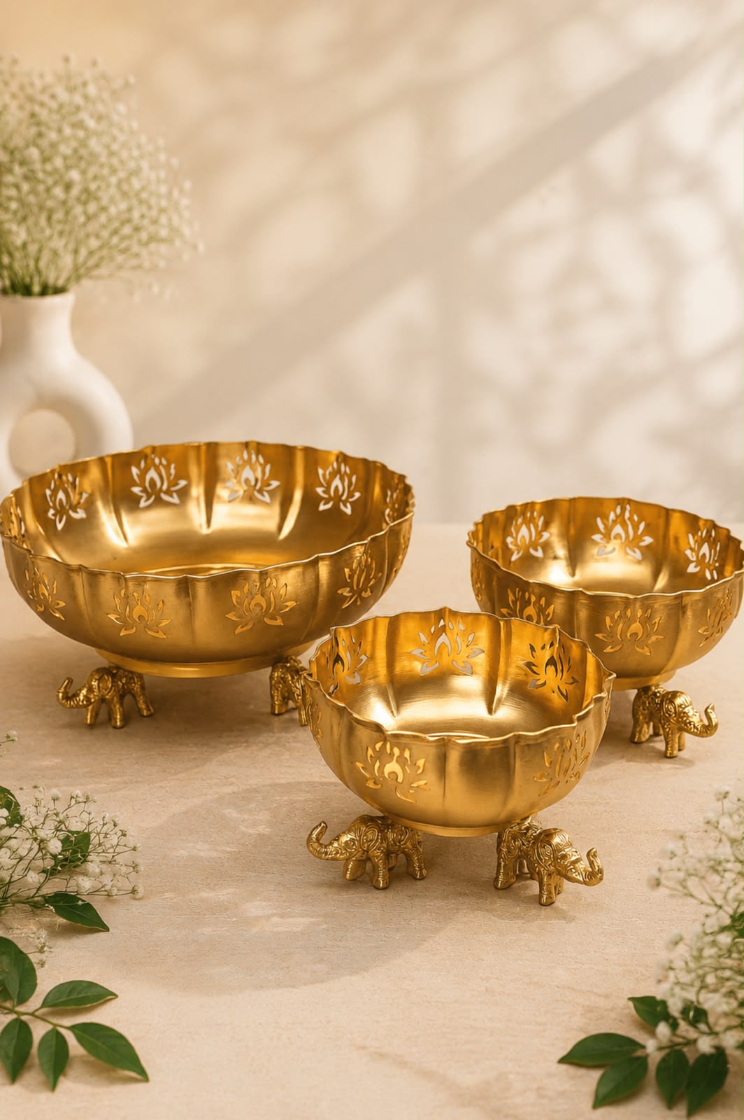 Lotus Cutwork Urli Bowl Set with Elephant Legs